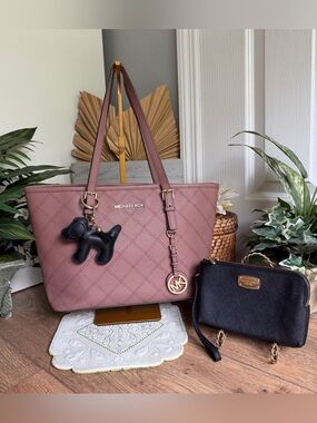 Michael Kors Jet Set Travel Dusty Rose Leather Shoulder Bag & Wallet Bundle